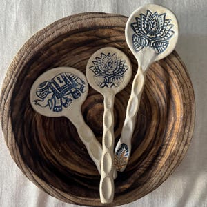 Artisan Decorative Ceramic Spoon | Bohemian Style | Lotus Embossed | Gold Luster Accent