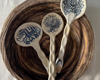 Handmade Decorative Ceramic Spoon | Bohemian Style | Lotus Embossed | Gold Luster Accent