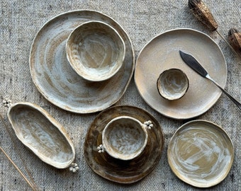 Neutral ceramic dinnerware set pottery plates set rustic plates and bowl set handbuilt Dining set ceramic organic matte Wabi sabi plates set