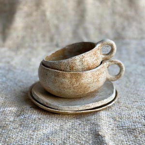 Bespoke listing Latte mug, ceramic toasted cup and saucer, rustic pottery cappuccino cup saucer, large stoneware wabi sabi mug, speckled cup