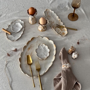 Bespoke list handmade rustic dinnerware set, ceramic scallop off-White tableware, stoneware hosting serving dish , petal shape kitchen decor
