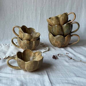 ceramic Rustic petal cups, handmade stoneware nordic cappuccino cup, one of kind latte coffee mug, flower shape tea cup cozy fall latte cups