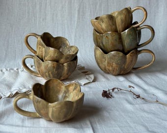 ceramic Rustic petal cups, handmade stoneware nordic cappuccino cup, one of kind latte coffee mug, flower shape tea cup cozy fall latte cups