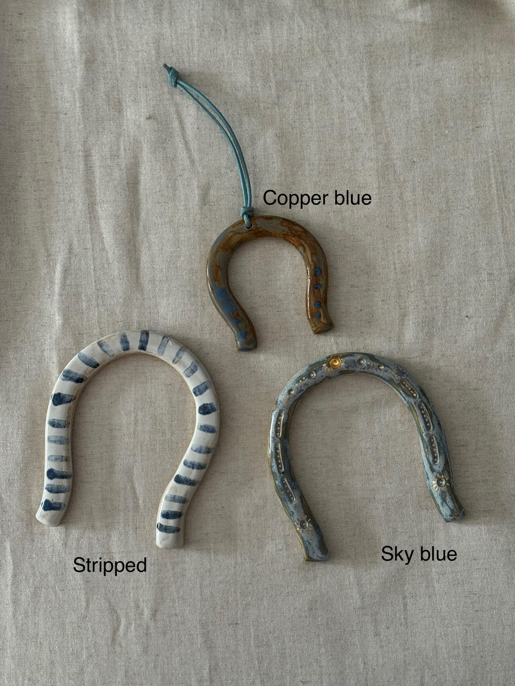 Handmade Ceramic Horseshoe wall hanging- Rustic Blue Pottery