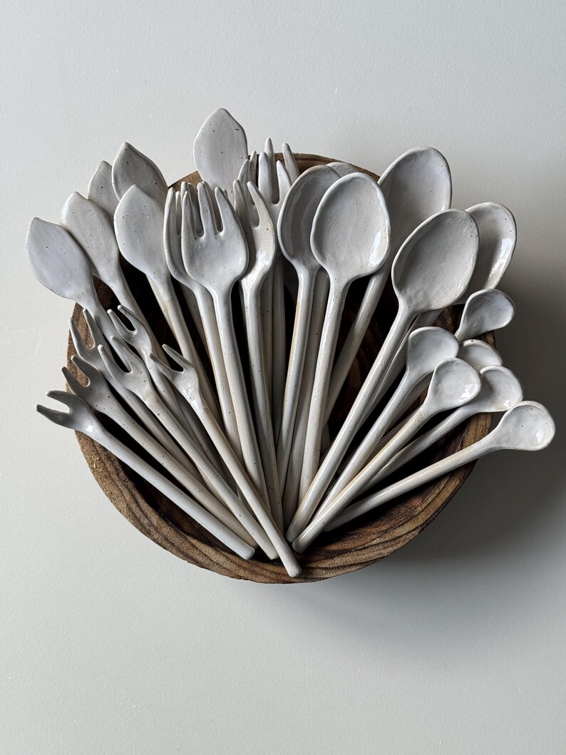 Handmade Ceramic Flatware Set: Rustic White Speckled Pottery Cutlery - Etsy