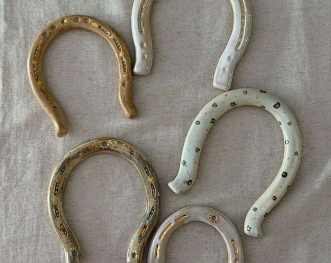 Handmade Ceramic Horseshoe wall hanging- Rustic Blue Pottery fortune Wall Art - Spring Decor
