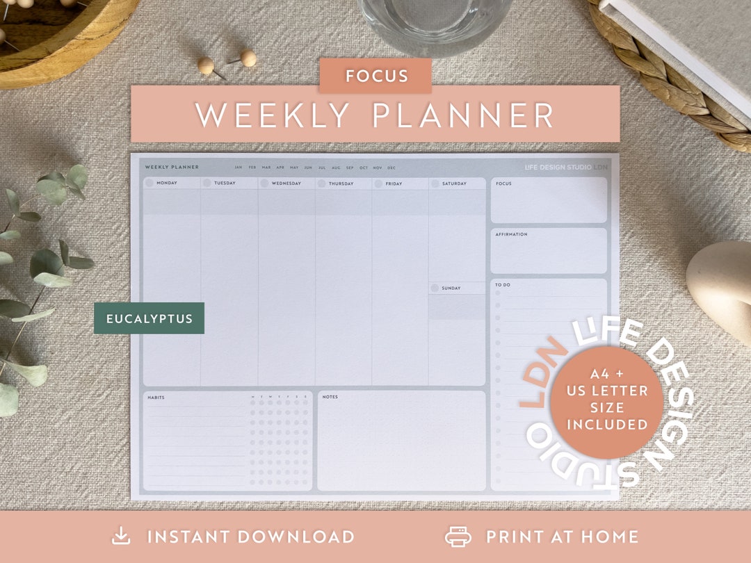 Weekly Planner A4 Weekly Desk Planner Printable PDF Focus Eucalyptus ...