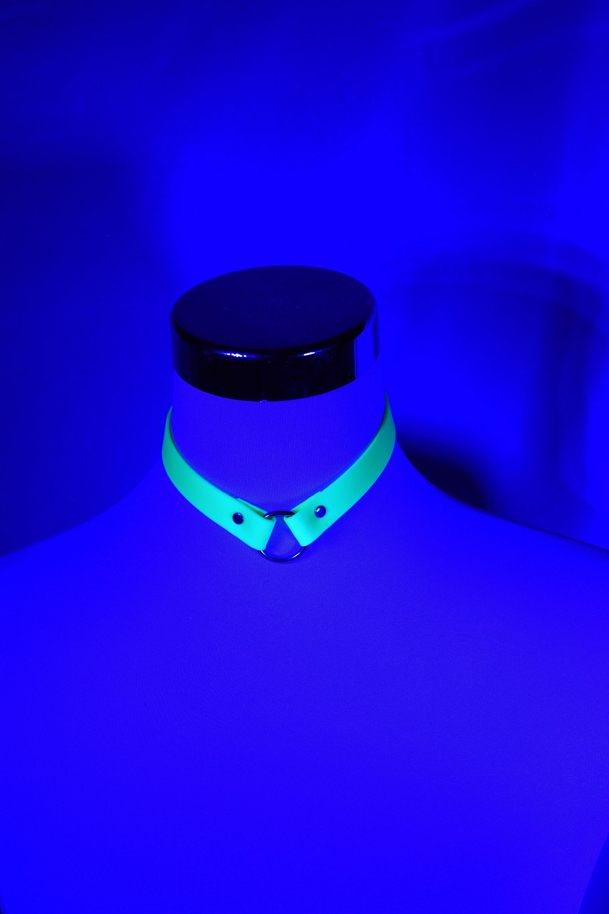 Neon yellow choker collar glows in black light | UV light ring choker with silver ring Cyberpunk | Cybergothic | Psytrance