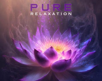 Op de afbeelding: Een paarse en witte lotusbloem met een gloeiend geel centrum. De achtergrond is zacht paars en wit met een wazig effect. De tekst "PURE RELAXATION" staat boven de bloem en de tekst "OSIRIUS" staat onder de bloem.