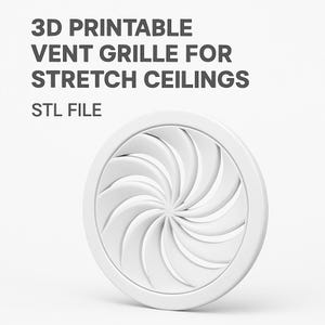 Könnte beinhalten: Eine weiße, kreisförmige Lüftungsgitter mit einem Spiraldesign, geeignet für den 3D-Druck. Der Text "3D PRINTABLE VENT GRILLE FOR STRETCH CEILINGS STL FILE" ist oben zu sehen. Das Gitter ist für Spanndecken konzipiert.