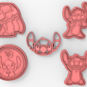 May include: Set of five pink plastic cookie cutters shaped like Stitch from the Disney movie Lilo & Stitch. The cutters feature Stitch in different poses, including a smiling Stitch with his arms crossed, a Stitch with his arms raised, and a Stitch with his head tilted.