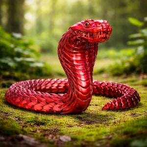 Op de afbeelding: Een levendige rode cobra-sculptuur met gedetailleerde schubben en een opgetrokken kap. De slang is geplaatst op een bed van groen mos, tegen een vage bosachtergrond. De glanzende afwerking van de sculptuur reflecteert licht, wat het ontwerp benadrukt.