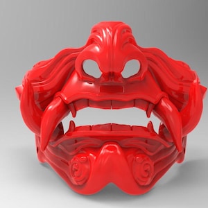 May include: A red Oni mask with a fierce expression, featuring sharp teeth and a prominent brow. The mask is made of a smooth, glossy material.