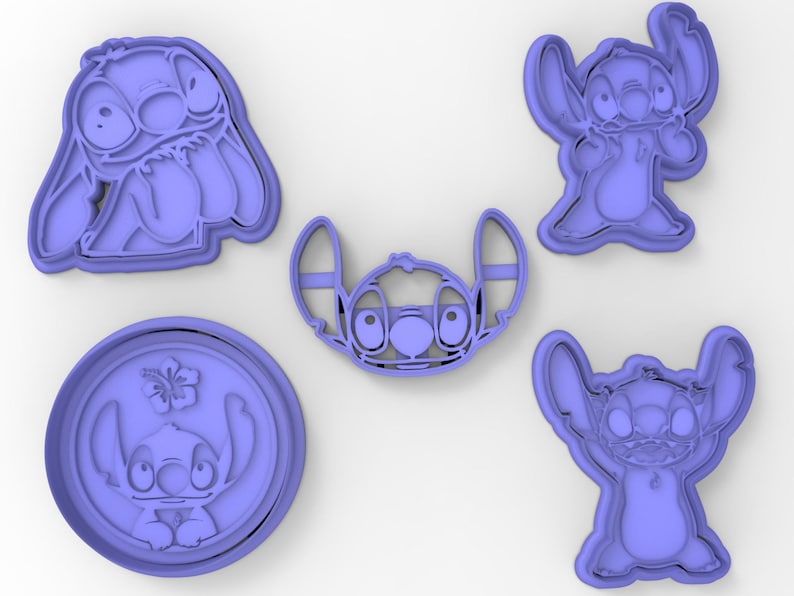 May include: Set of five blue plastic cookie cutters shaped like Stitch from the Disney movie Lilo & Stitch. The cutters are in various poses, including standing, sitting, and with a flower.