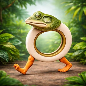 Pode incluir: Uma escultura extravagante de uma cabeça de rã em cima de um anel creme com um interior dourado. A rã tem pele verde texturizada e pernas laranja, andando sobre uma superfície de madeira. O fundo é uma exuberante floresta verde.
