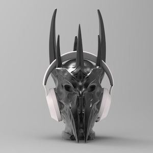 May include: A black and silver crown with horns, wearing white headphones.