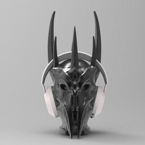 May include: A black and silver crown with horns, wearing white headphones. The crown is a popular fantasy character.