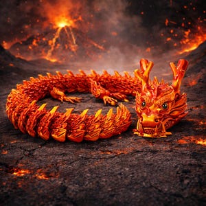 May include: A detailed, orange dragon figurine with a segmented body and a detailed head. The dragon is posed on a dark, textured surface with a fiery volcanic backdrop. The dragon's design is intricate, with visible scales and horns.