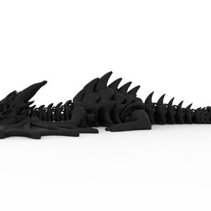 May include: A black dragon skeleton figurine, lying down with its head and tail slightly raised. The dragon has detailed features, including a spiky spine and a textured skull. The figurine is set against a plain white background.