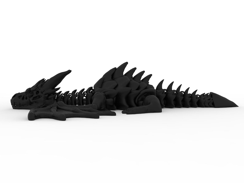 May include: A black dragon skeleton figurine, lying down with its head and tail slightly raised. The dragon has detailed features, including a spiky spine and a textured skull. The figurine is set against a plain white background.