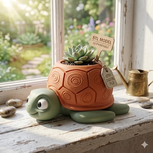 May include: A turtle-shaped planter in shades of green and orange, holding a succulent plant. The planter has a detailed shell design and a smiling face. Tags read "STL MODEL 3D PRINTABLE" and "-ETSY- DIGITAL FILE".