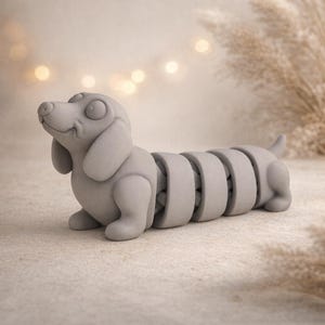 May include: A gray, articulated dachshund dog figurine. The dog has a smiling face, floppy ears, and a segmented body. The toy is made of a solid, matte material and is posed on a neutral surface with soft lighting.