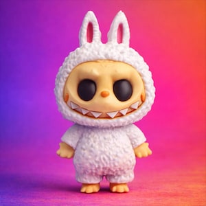 May include: A whimsical figurine of a creature in a white, fluffy bunny suit with a smiling face and sharp teeth. The figure has large black eyes, a tan face, and small orange accents. The background transitions from purple to orange.
