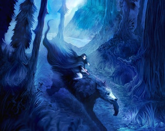Lúthien fleeing with Huan - Silmarillion illustration - Signed print