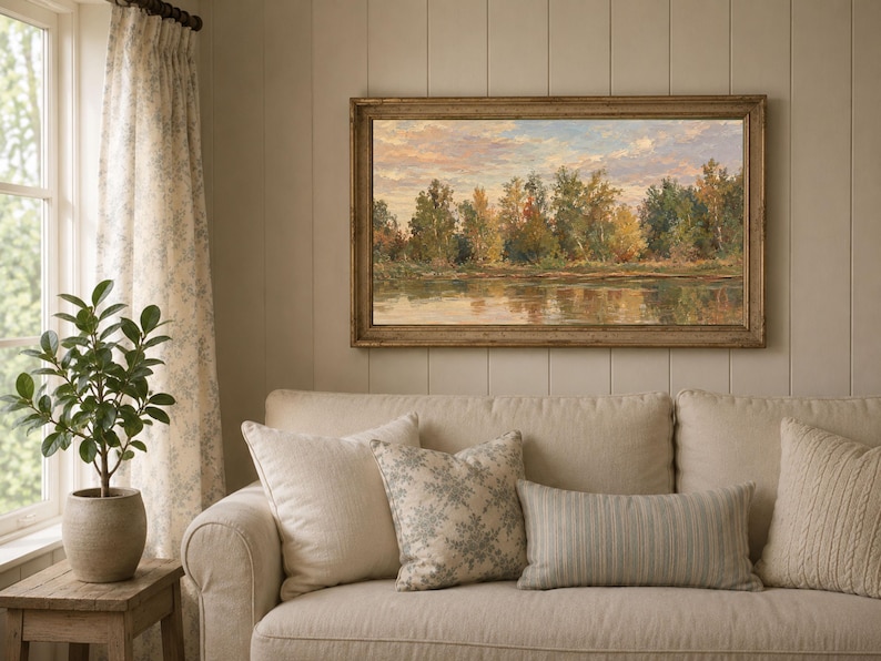 Autumn River Painting: Vintage Fall Landscape Printable Art (digital ...