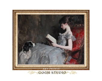 Vintage Woman and Dog Art Print, Victorian Oil Painting (Downloadable Art)