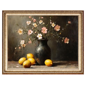 Flower Vase With Flowers And Lemon Art Print,  Floral Artwork Oil Painting, VINTAGE Style Prints, Downloadable Art, DIGITAL DOWNLOADS