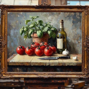 Pode incluir: Uma pintura de natureza morta que representa uma mesa de madeira com um cacho de tomates vermelhos, uma planta de manjeric&atilde;o em vaso, uma garrafa de vinho e dois dentes de alho. Uma faca de prata est&aacute; colocada sobre a mesa.