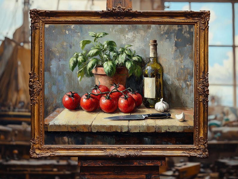 Pode incluir: Uma pintura de natureza morta que representa uma mesa de madeira com um cacho de tomates vermelhos, uma planta de manjeric&atilde;o em vaso, uma garrafa de vinho e dois dentes de alho. Uma faca de prata est&aacute; colocada sobre a mesa.
