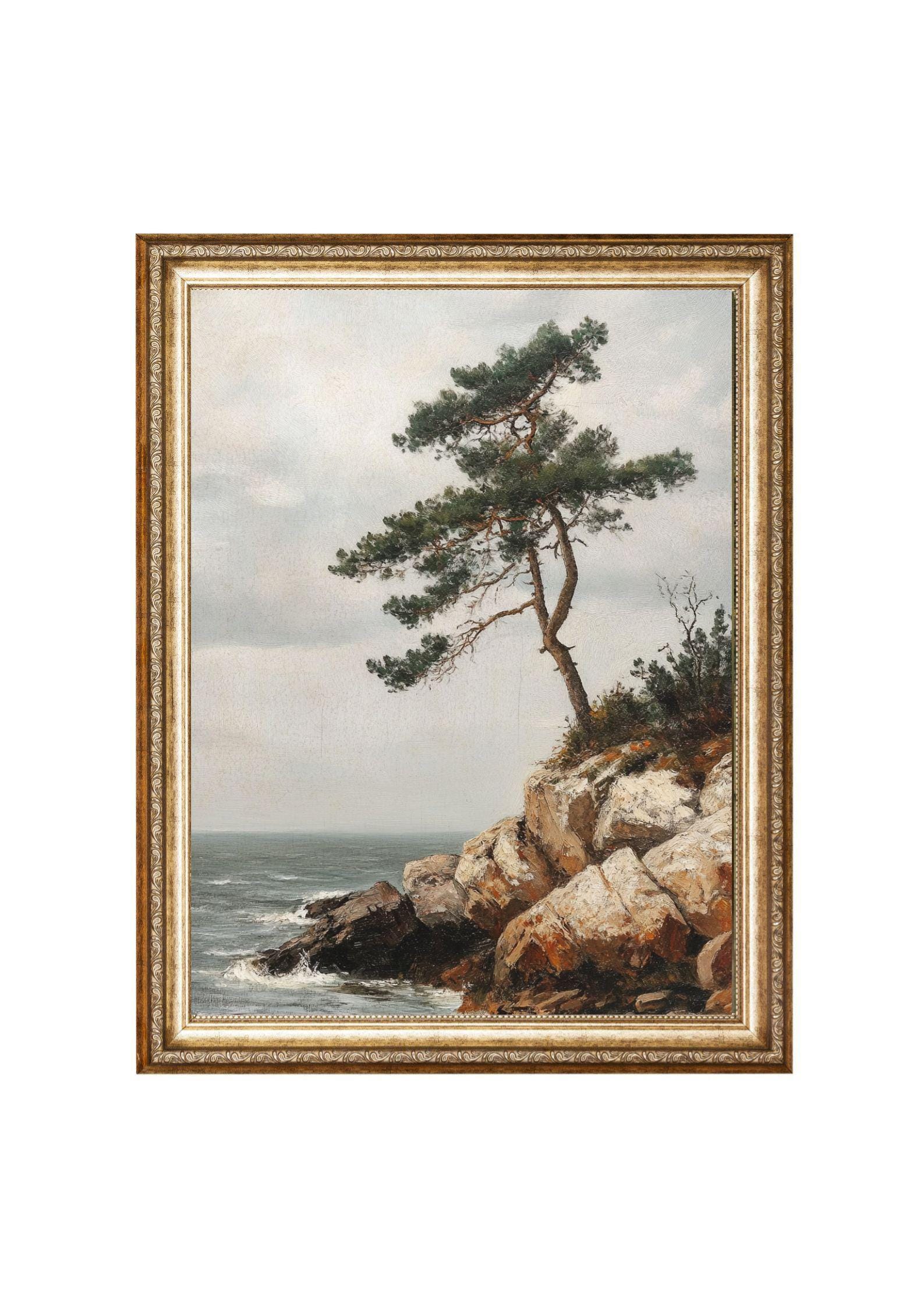 Tree Art Printable Lone Pine Tree On Rocky Seaside Cliff  – VINTAGE Oil Painting, Cottagecore Wall Art, Printable Wall Art, Digital Prints