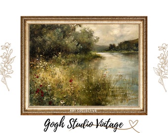 Nature River Landscape River Oil Painting, Vintage Antique Oil Painting Digital Downloadable Artwork Frame TV