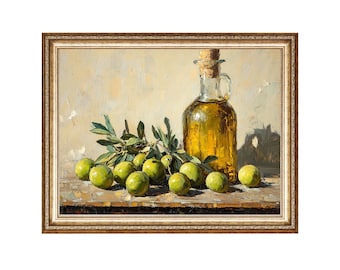 Impresión vintage de bodegón con aceite de oliva, arte de cocina cottagecore (descarga digital)