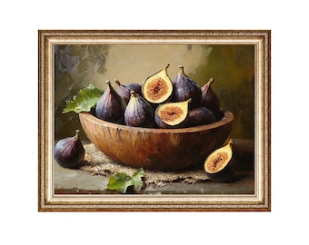 Impressão de pintura a óleo vintage de natureza morta com figos, arte de cozinha estilo cottagecore (impressões digitais)