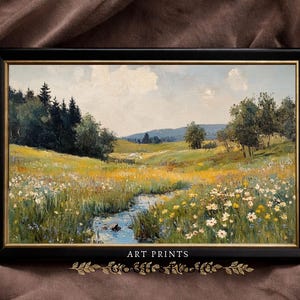 Vintage olieverfschilderij lenteweide, rustiek landschap (digitale print) afbeelding 3