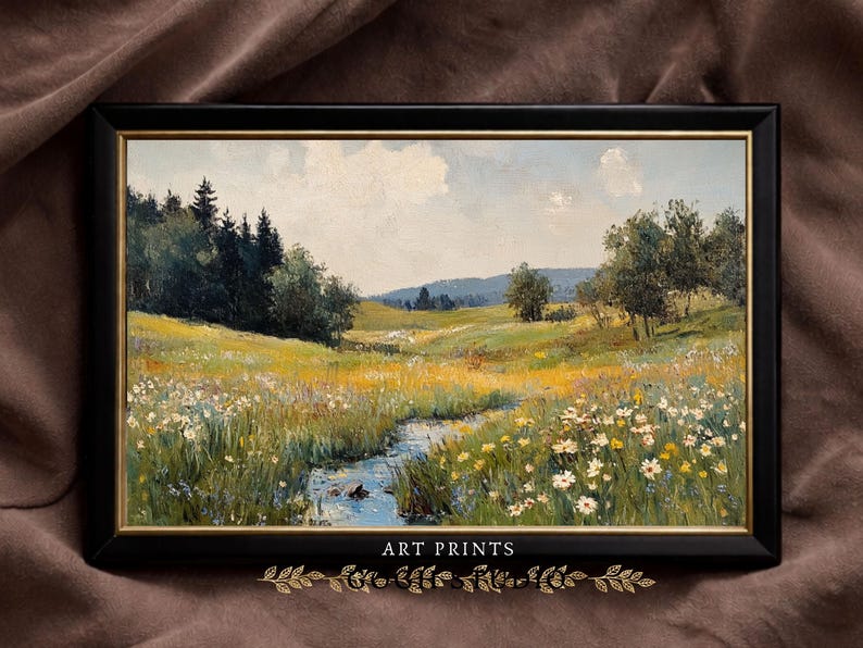 Vintage olieverfschilderij lenteweide, rustiek landschap (digitale print) afbeelding 3