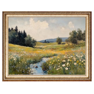 Spring Meadow Painting Wildflower Landscape Rustic Country Art VINTAGE Oil Painting, Cottagecore Wall Art, Printable Wall Art,Digital Prints