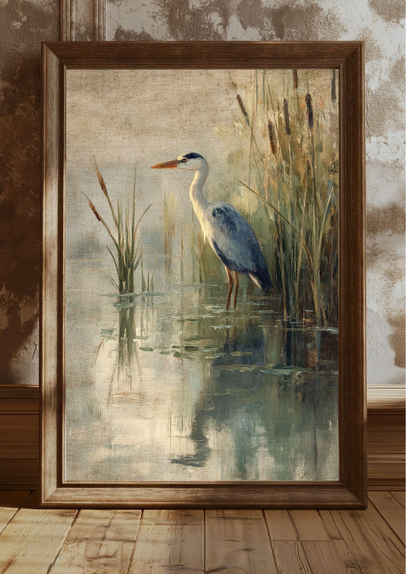 May include: A painting of a grey heron standing in a pond with tall green reeds in the background. The heron has a long neck and a long beak. The water is calm and reflects the sky and the reeds.