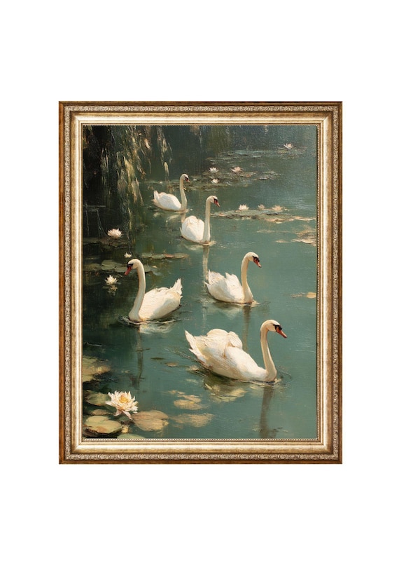 ヴィンテージの白鳥の絵画、睡蓮の池、コテージコアのウォールアート