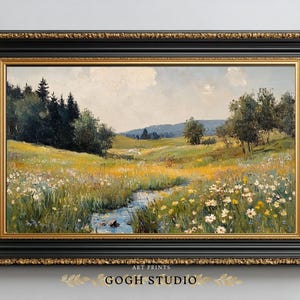 Vintage olieverfschilderij lenteweide, rustiek landschap (digitale print) afbeelding 5