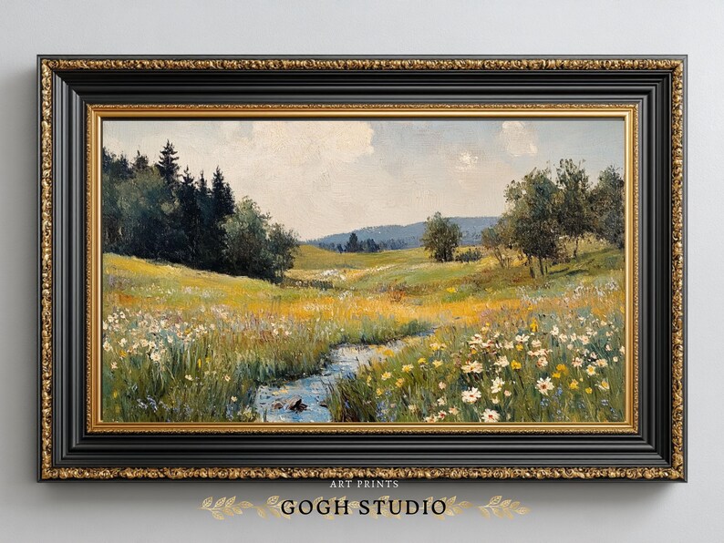 Vintage olieverfschilderij lenteweide, rustiek landschap (digitale print) afbeelding 5