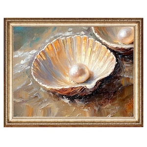 May include: A framed painting of two seashells with pearls inside. The shells are open and the pearls are white and shiny. The background is a light brown color.