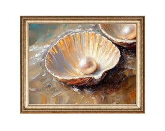 Seashell Pearl Coastal Oil Painting, Cottagecore Vintage Wall Art (Digital Prints)