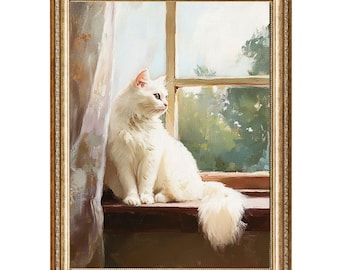 White Cat Window Portrait Vintage Wall Art Printable Digital Download Instant Download