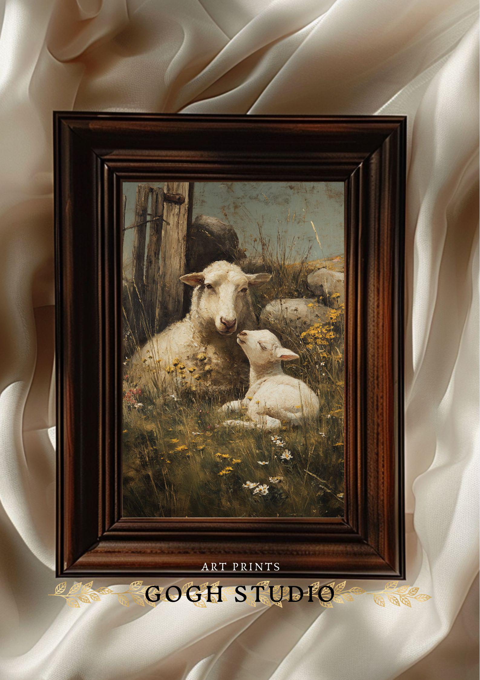 Vintage Sheep and Lamb Oil Painting, Cottagecore Farm Scene