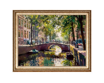 Stampa artistica di un dipinto a olio d'epoca di Amsterdam, paesaggio del canale (download digitale)