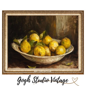 Lemon Still Life Oil Painting, Kitchen Wall Art Moody Fruit Art Print Vintage Citrus, Vintage Antique Oil Painting Digital Downloadable